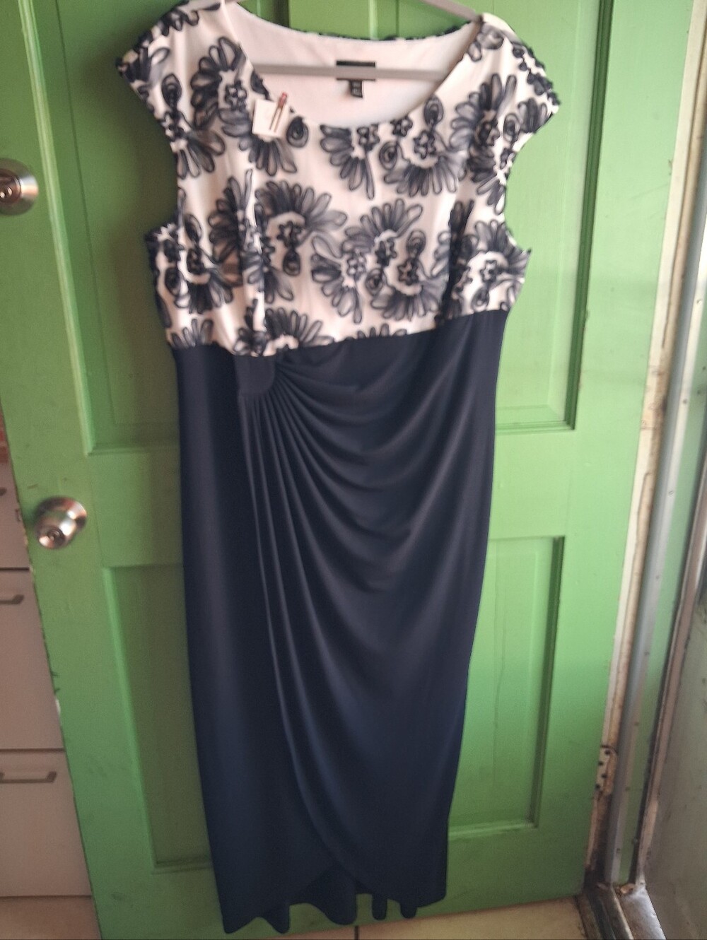 Connected Apparel Navy Blue Soutache Faux Wrap Gown 18W